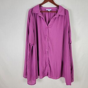 Only Necessities Shirt Womens 2XL Fuscia Ribbed‎ Top Short Sleeve Button Down